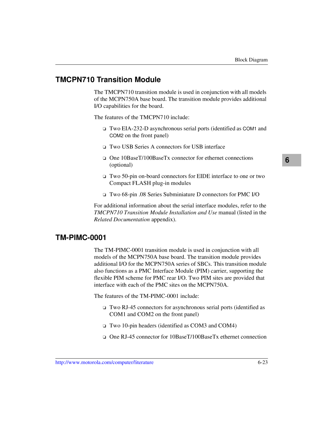 Motorola IH5, MCPN750A manual TMCPN710 Transition Module, TM-PIMC-0001 