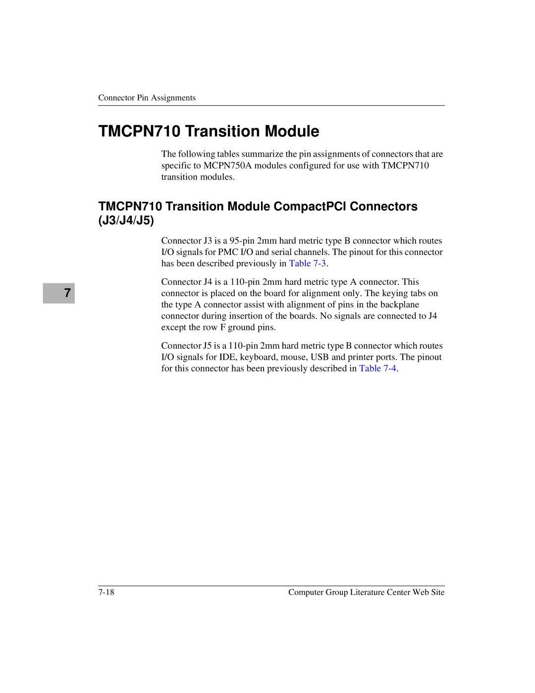 Motorola MCPN750A, IH5 manual TMCPN710 Transition Module CompactPCI Connectors J3/J4/J5 