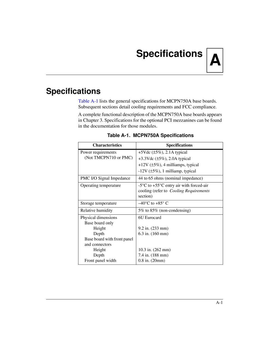 Motorola IH5 manual Table A-1. MCPN750A Specifications, Characteristics Specifications 