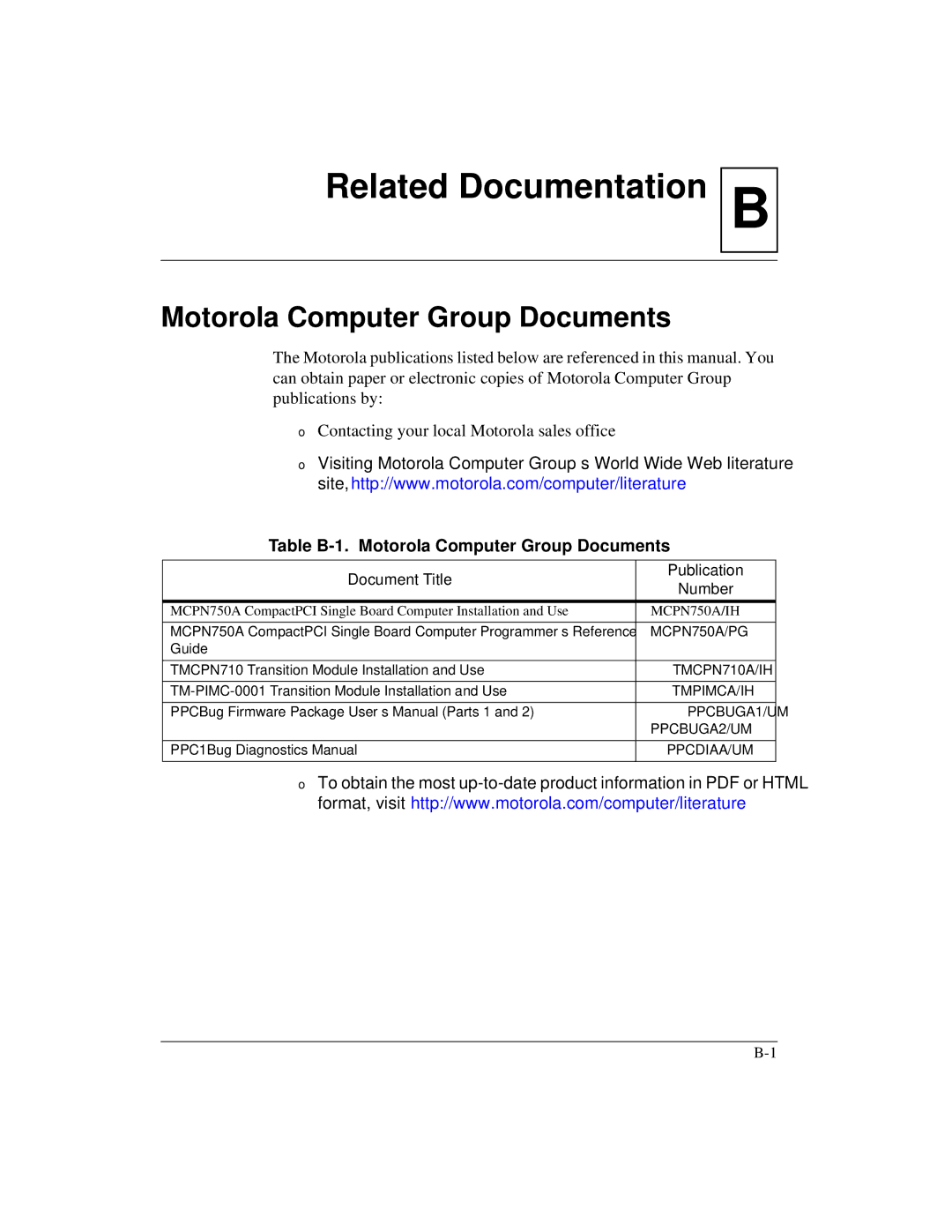 Motorola IH5, MCPN750A manual Table B-1. Motorola Computer Group Documents, Document Title Publication Number 