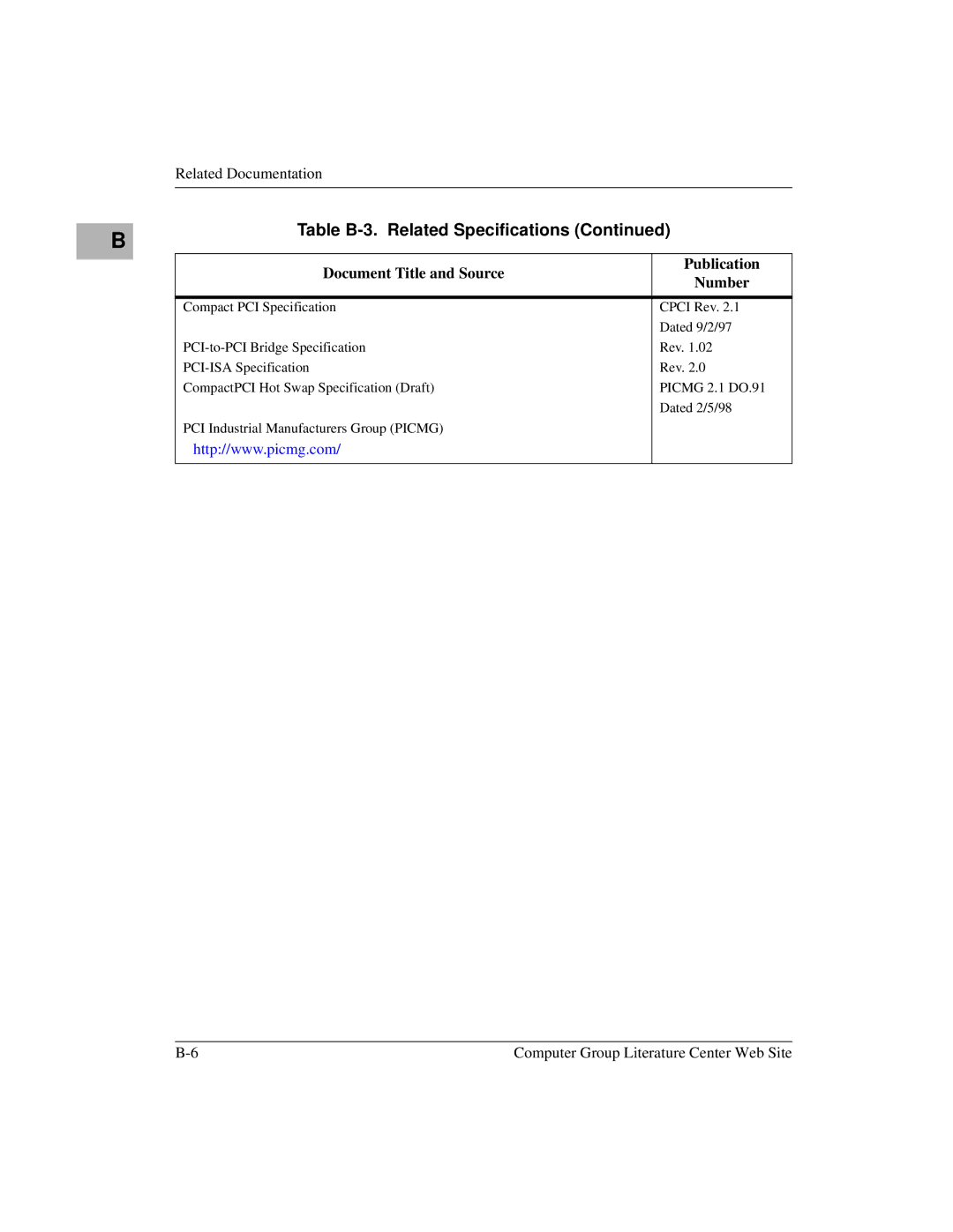 Motorola MCPN750A, IH5 manual Table B-3. Related Specifications 