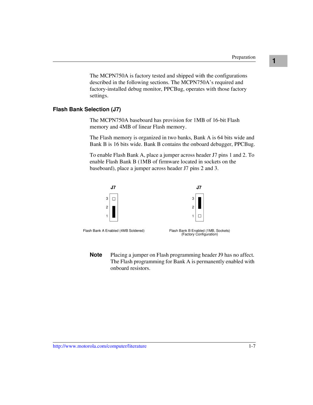 Motorola IH5, MCPN750A manual Flash Bank Selection J7 