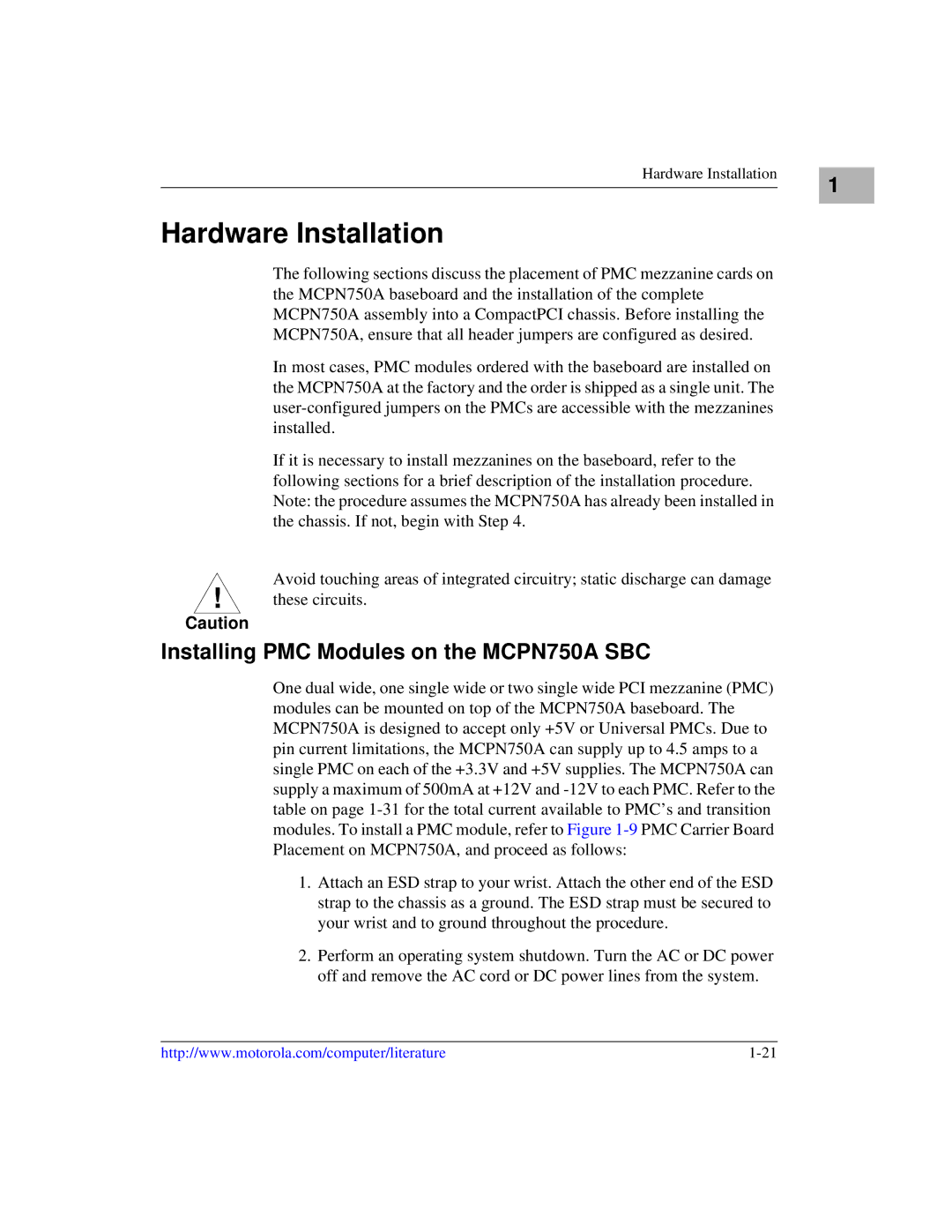 Motorola IH5 manual Hardware Installation, Installing PMC Modules on the MCPN750A SBC 