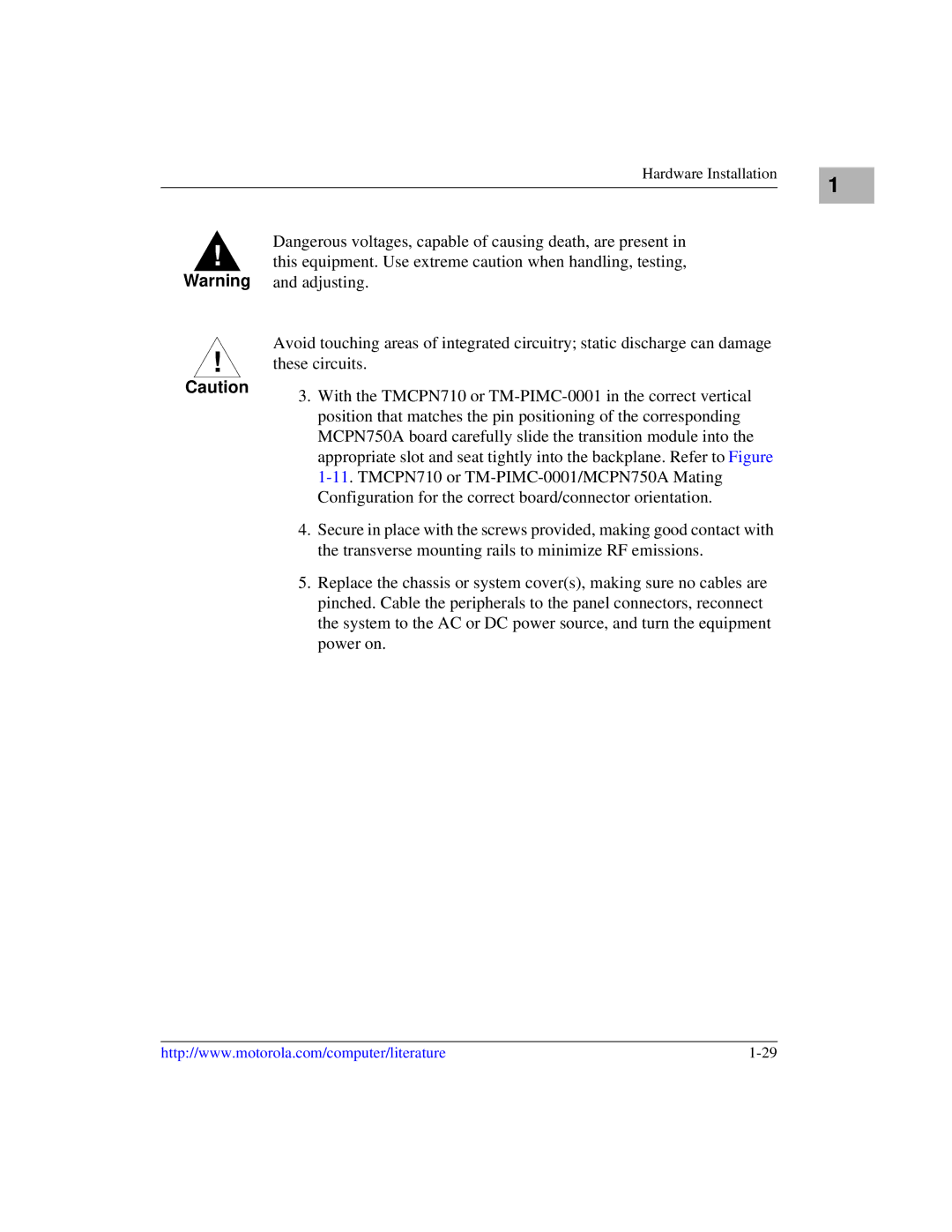 Motorola IH5, MCPN750A manual Hardware Installation 