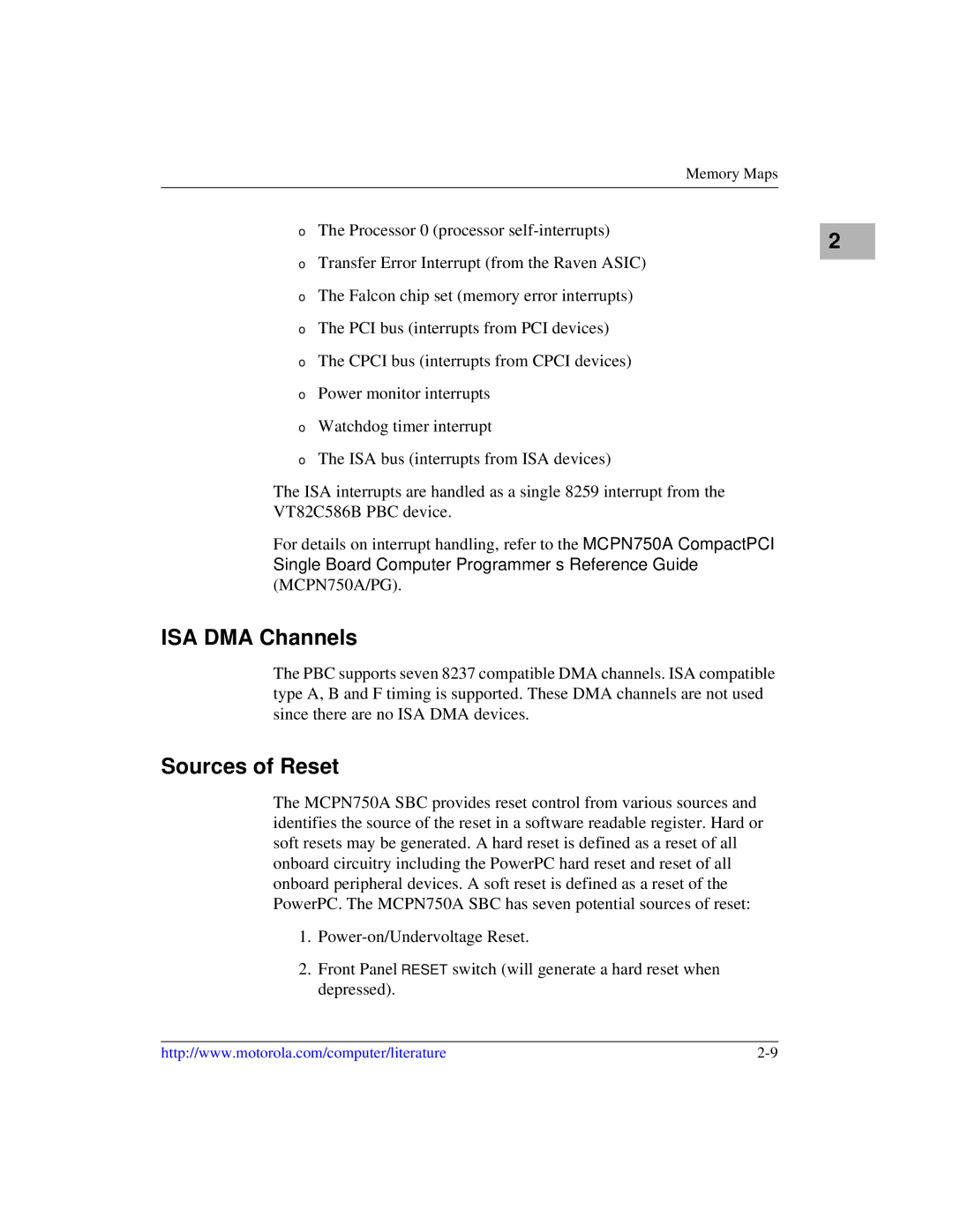 Motorola IH5, MCPN750A manual ISA DMA Channels, Sources of Reset 