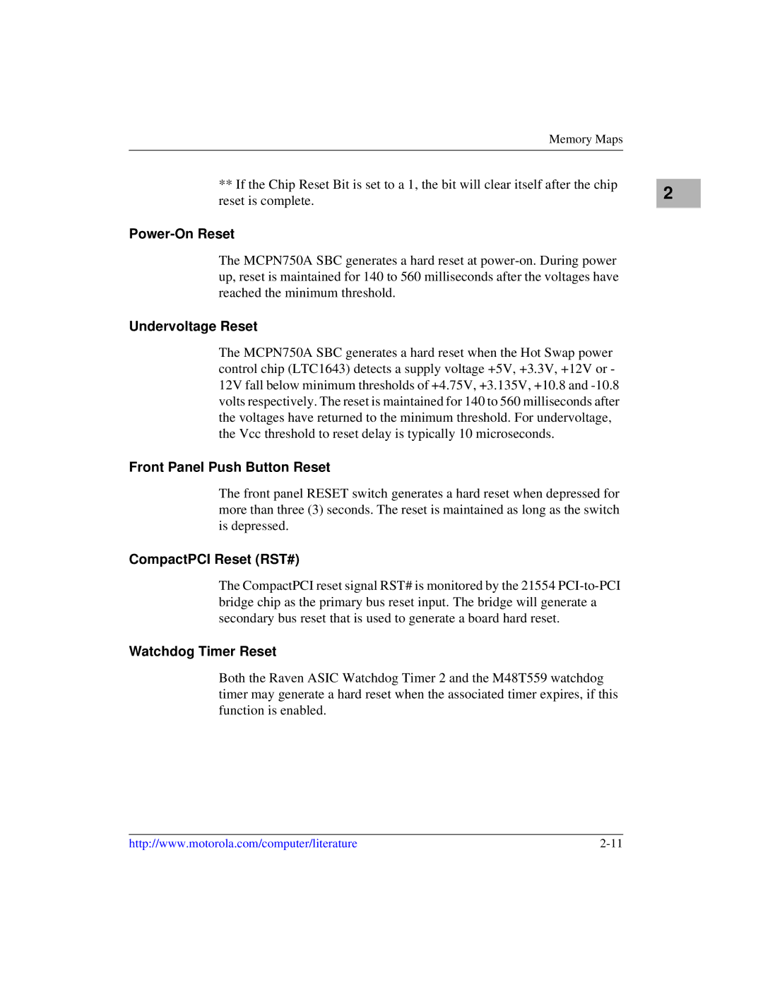 Motorola IH5, MCPN750A manual Power-On Reset, Undervoltage Reset, Front Panel Push Button Reset, CompactPCI Reset RST# 
