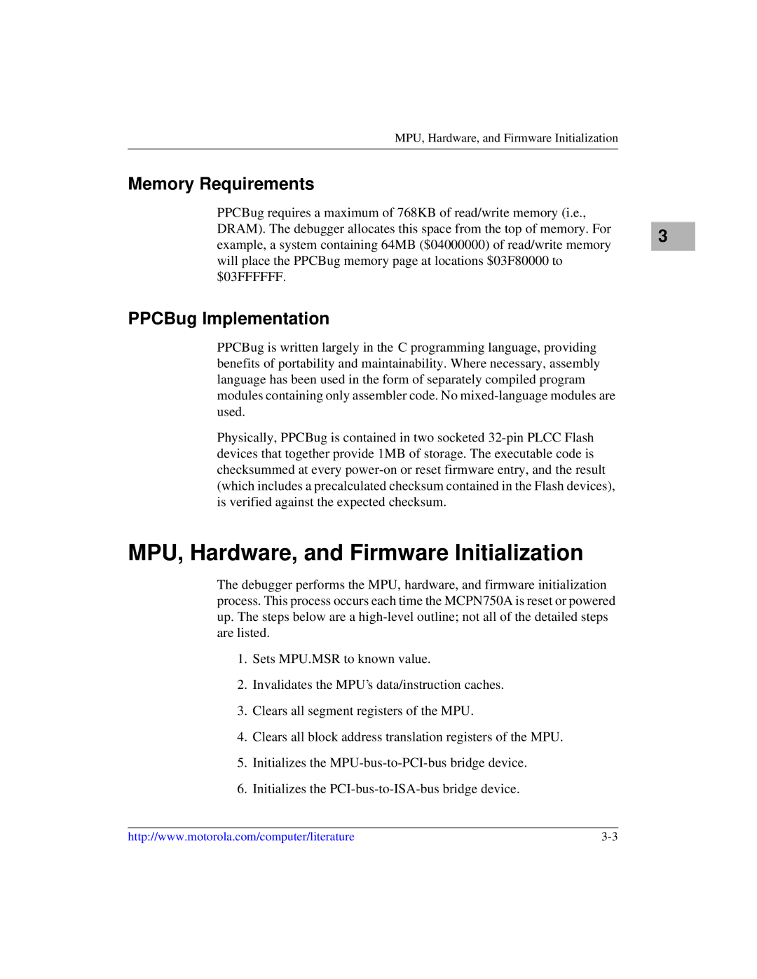 Motorola IH5, MCPN750A manual MPU, Hardware, and Firmware Initialization, Memory Requirements, PPCBug Implementation 