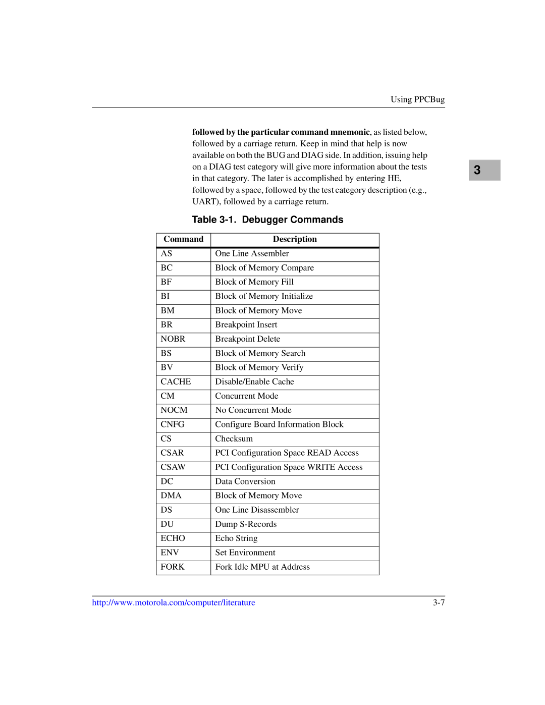 Motorola IH5, MCPN750A manual Debugger Commands, Command Description 