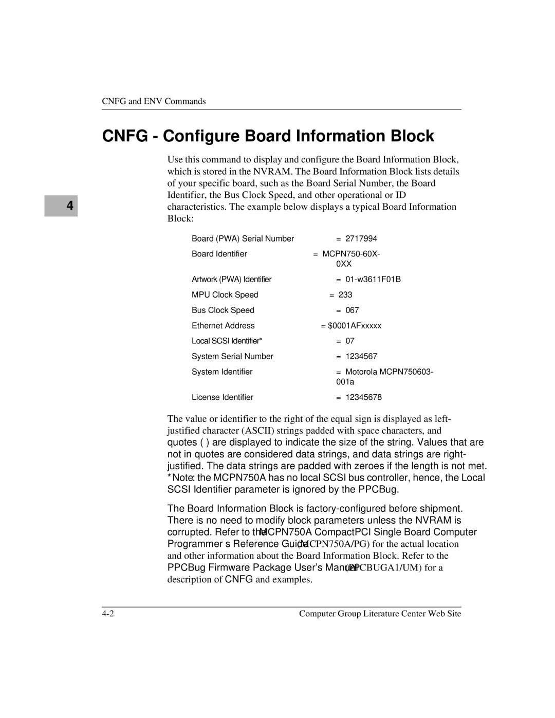 Motorola MCPN750A, IH5 manual Cnfg Configure Board Information Block, 0XX 