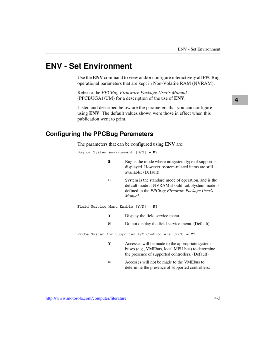 Motorola IH5, MCPN750A manual ENV Set Environment, Configuring the PPCBug Parameters 