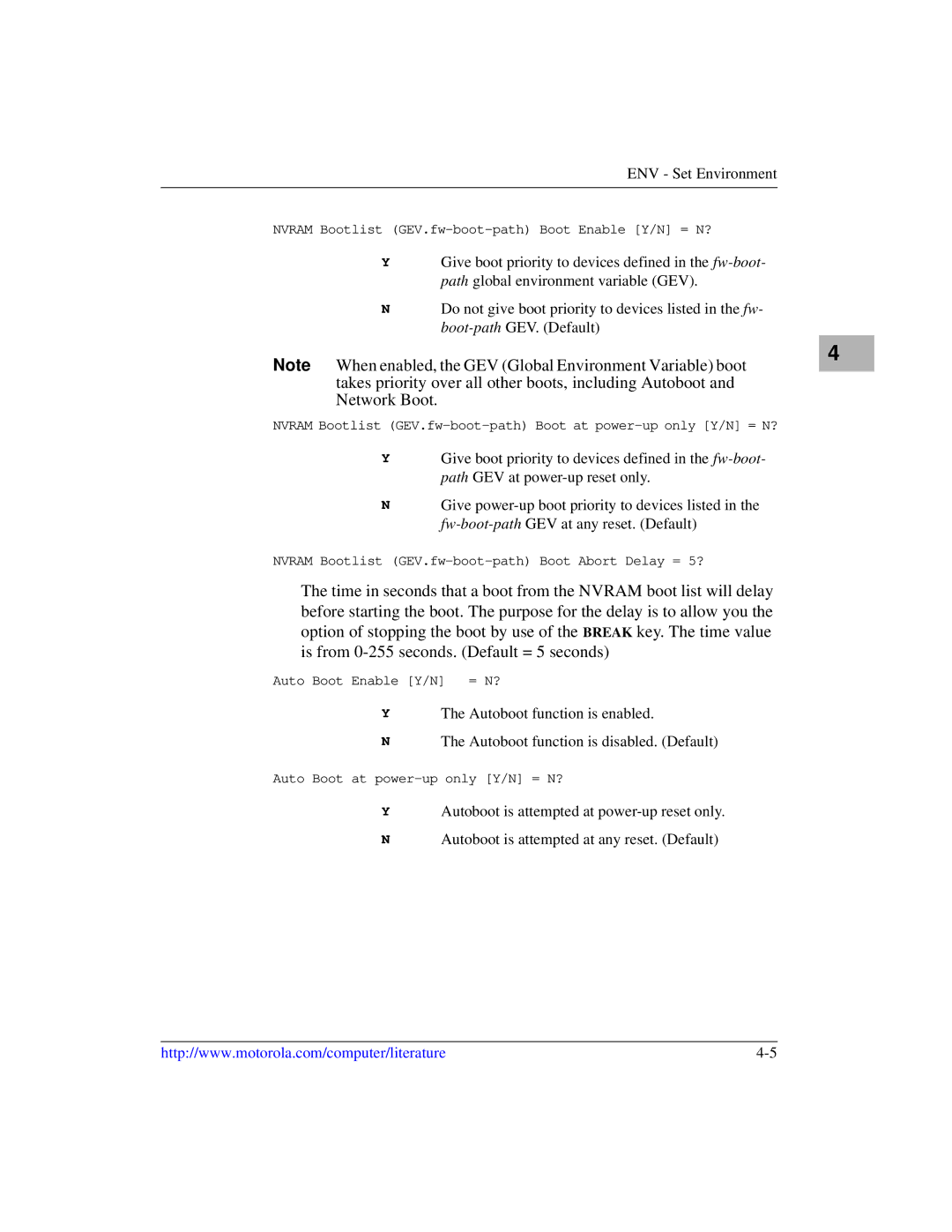 Motorola IH5, MCPN750A manual Nvram Bootlist GEV.fw-boot-path Boot Enable Y/N = N? 