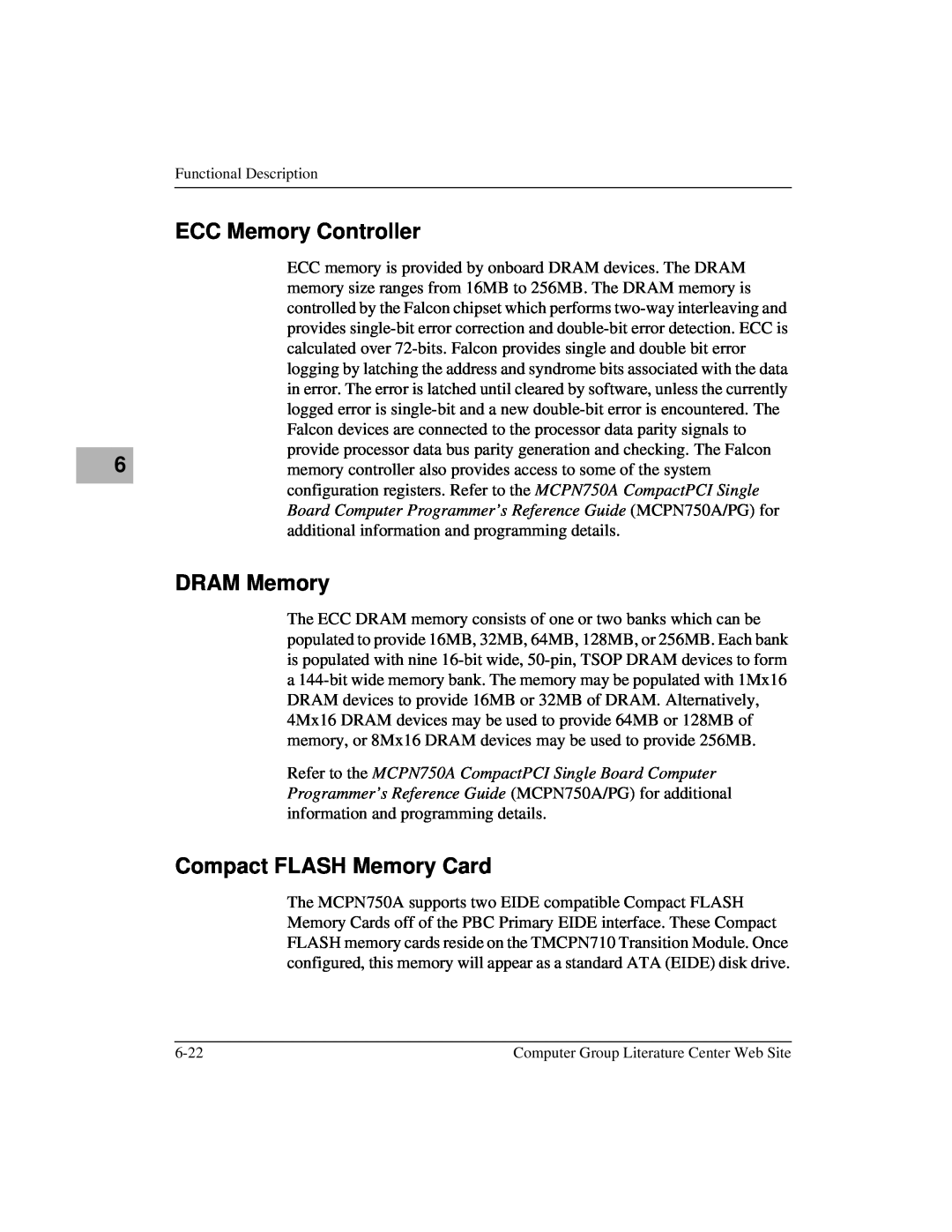 Motorola MCPN750A, IH5 manual ECC Memory Controller, DRAM Memory, Compact FLASH Memory Card 