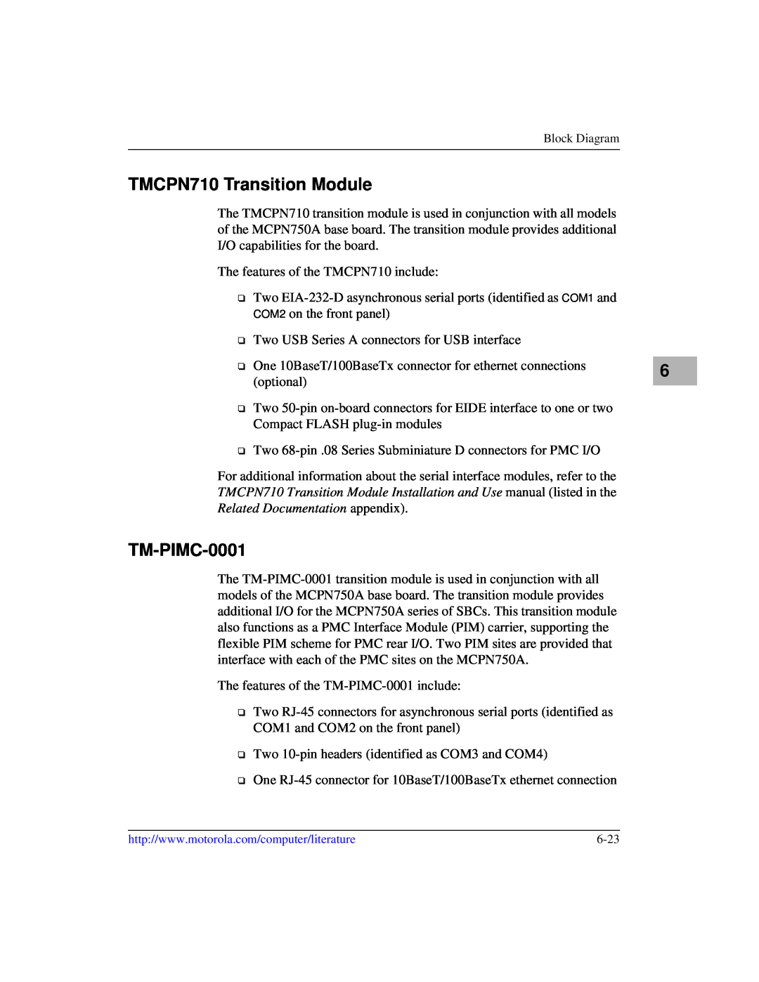 Motorola IH5, MCPN750A manual TMCPN710 Transition Module, TM-PIMC-0001 