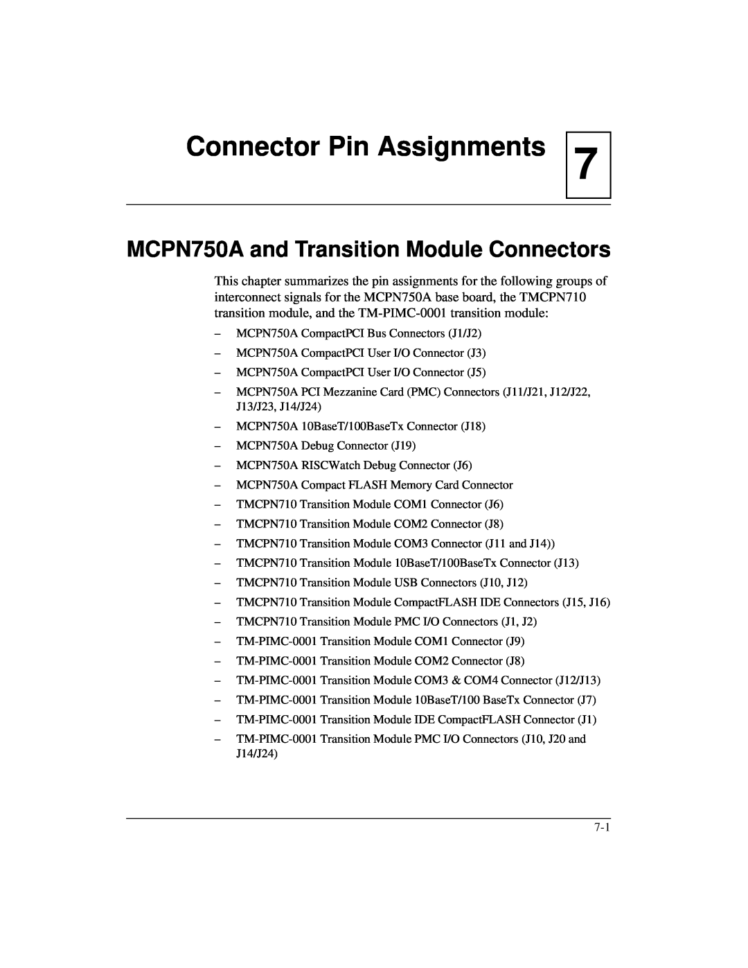 Motorola IH5 manual Connector Pin Assignments, MCPN750A and Transition Module Connectors 