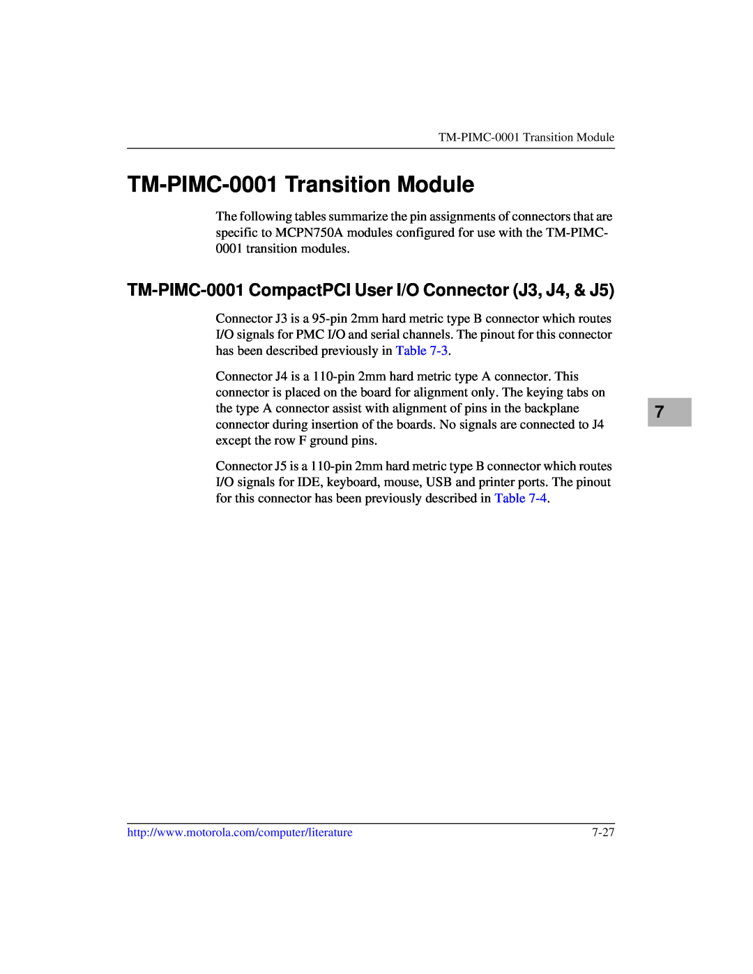 Motorola IH5, MCPN750A manual TM-PIMC-0001 Transition Module, TM-PIMC-0001 CompactPCI User I/O Connector J3, J4, & J5 