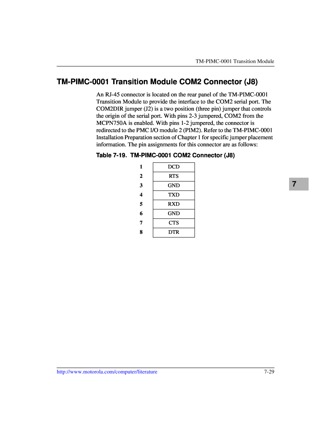 Motorola IH5, MCPN750A manual TM-PIMC-0001 Transition Module COM2 Connector J8, 19. TM-PIMC-0001 COM2 Connector J8 