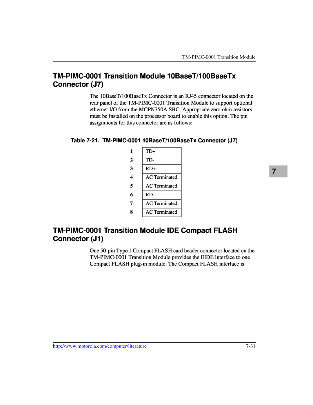 Motorola IH5, MCPN750A manual TM-PIMC-0001 Transition Module 10BaseT/100BaseTx Connector J7 