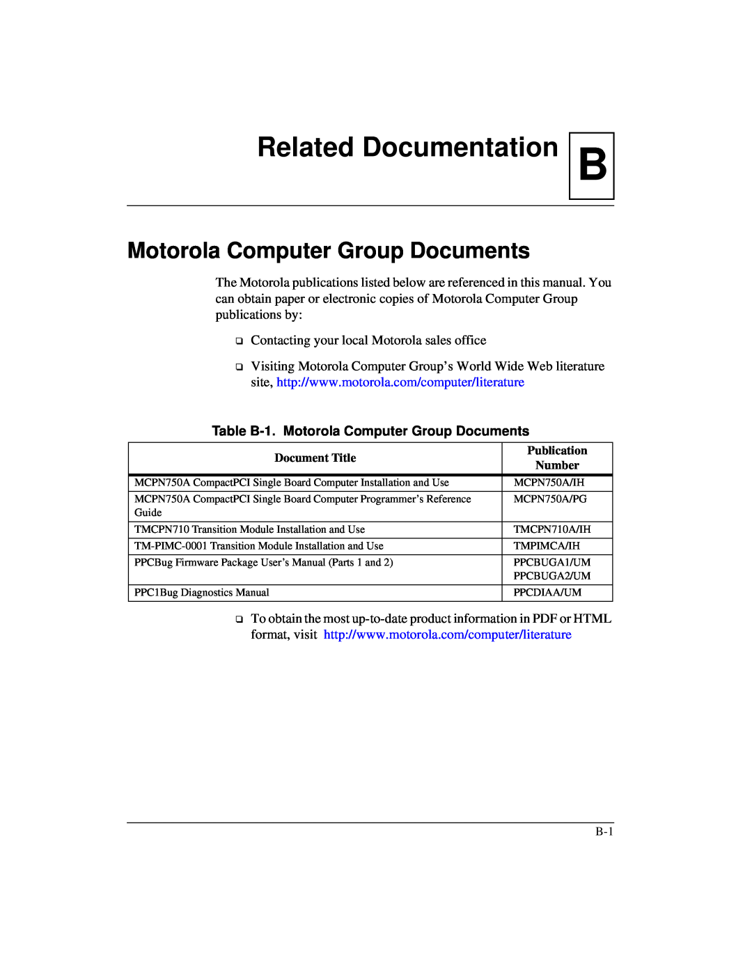 Motorola IH5, MCPN750A manual BRelated Documentation, Table B-1. Motorola Computer Group Documents 