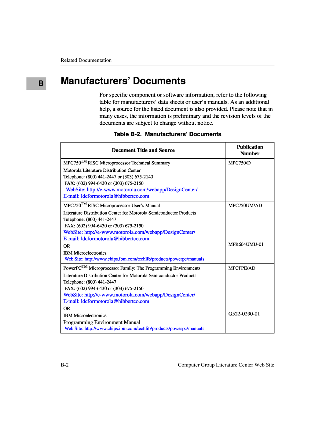Motorola MCPN750A, IH5 manual Table B-2. Manufacturers’ Documents 