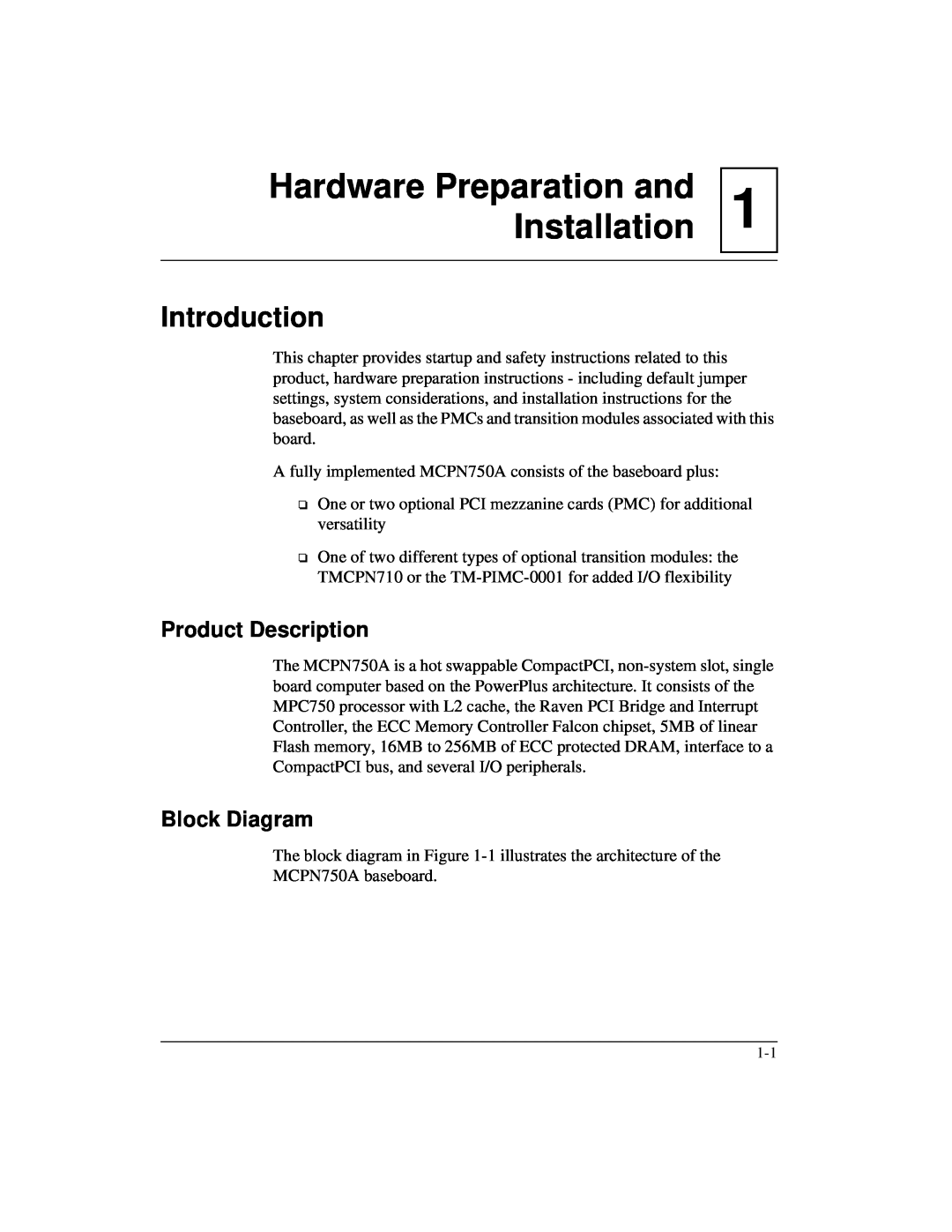 Motorola IH5, MCPN750A manual Hardware Preparation and Installation, Introduction, Product Description, Block Diagram 