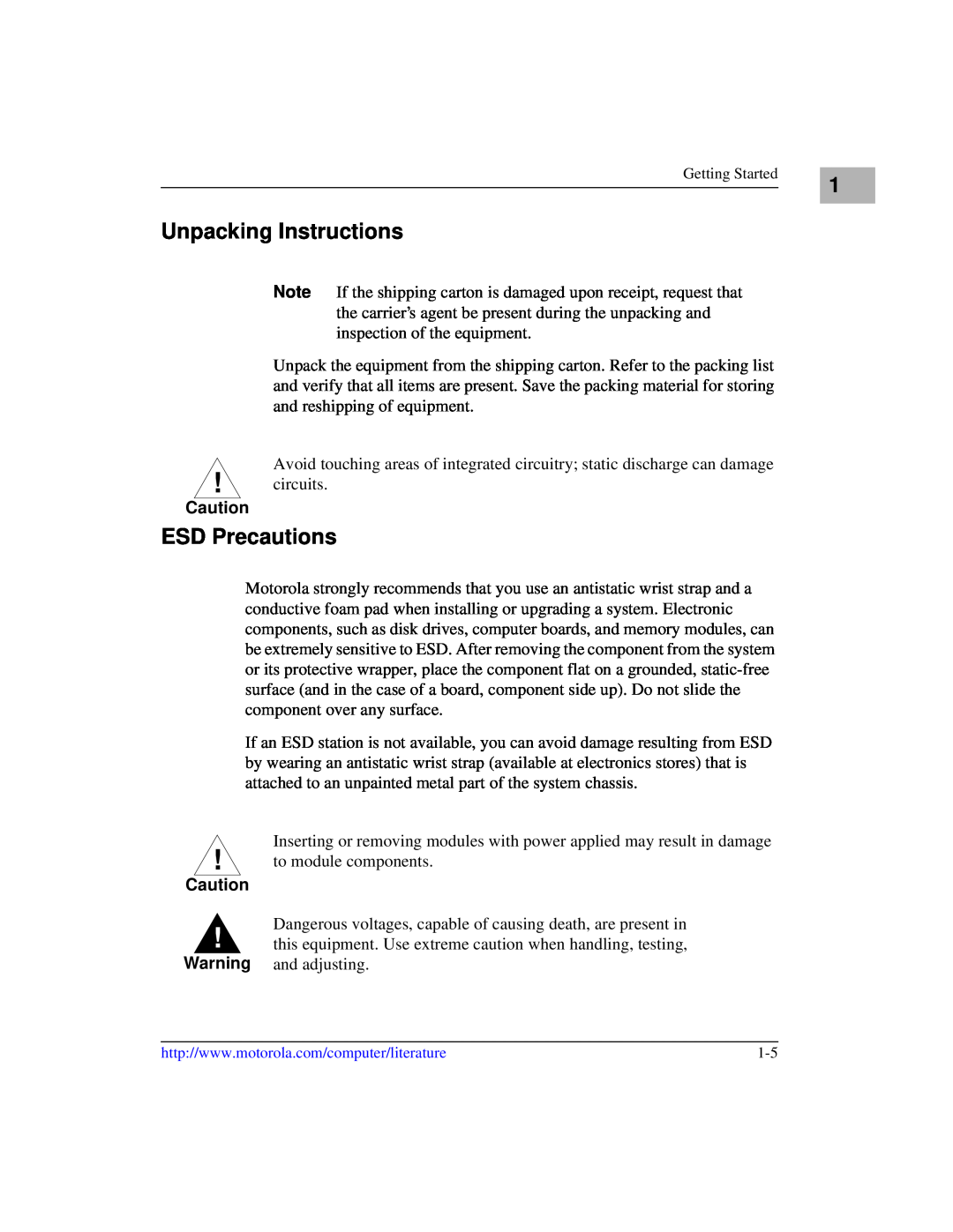 Motorola IH5, MCPN750A manual Unpacking Instructions, ESD Precautions 