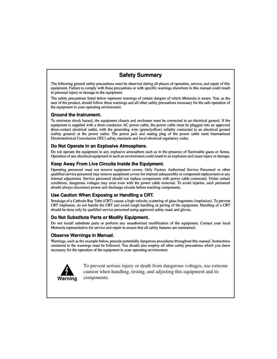 Motorola IH5 Safety Summary, Ground the Instrument, Do Not Operate in an Explosive Atmosphere, Observe Warnings in Manual 