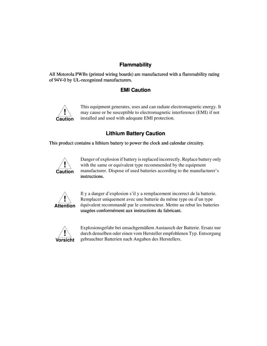 Motorola MCPN750A, IH5 manual Flammability, EMI Caution, Lithium Battery Caution, instructions 