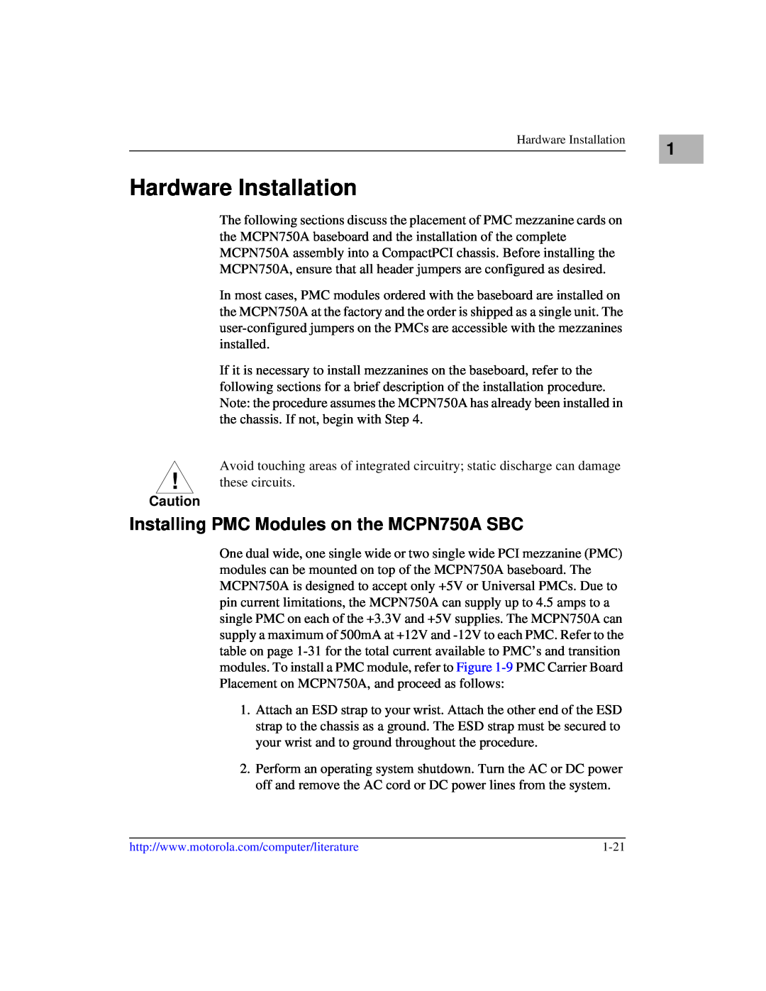 Motorola IH5 manual Hardware Installation, Installing PMC Modules on the MCPN750A SBC 