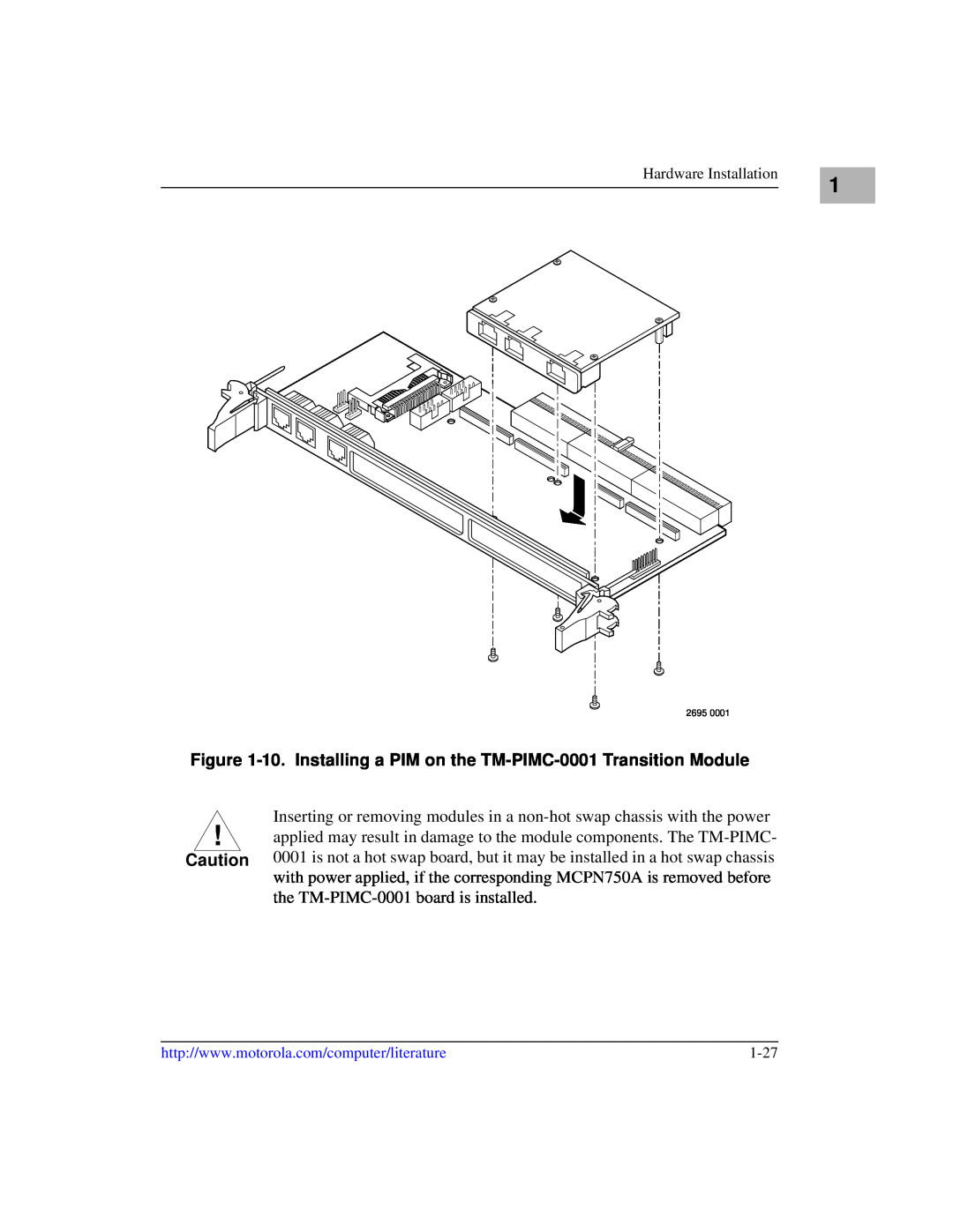Motorola IH5, MCPN750A manual 10. Installing a PIM on the TM-PIMC-0001 Transition Module 