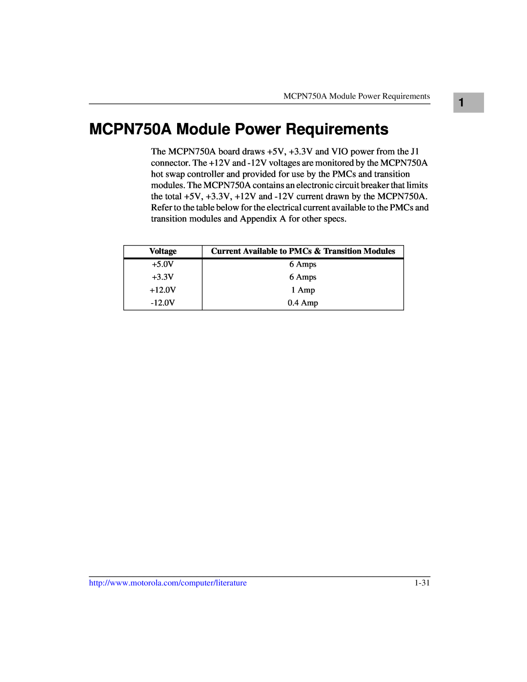 Motorola IH5 manual MCPN750A Module Power Requirements, Voltage, Current Available to PMCs & Transition Modules 