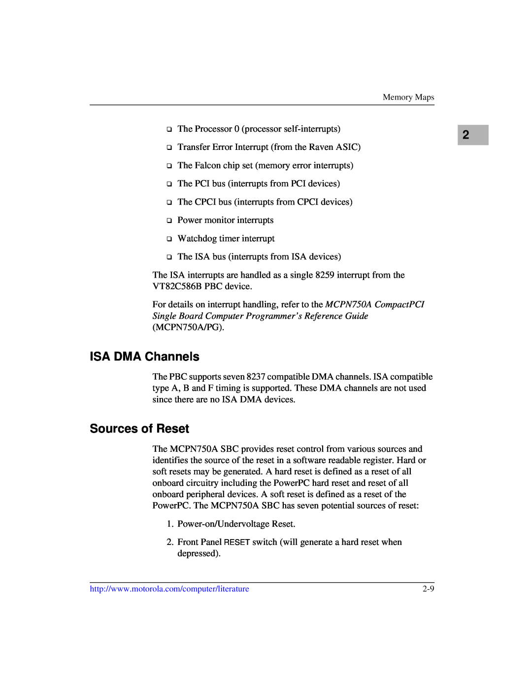 Motorola IH5, MCPN750A manual ISA DMA Channels, Sources of Reset 