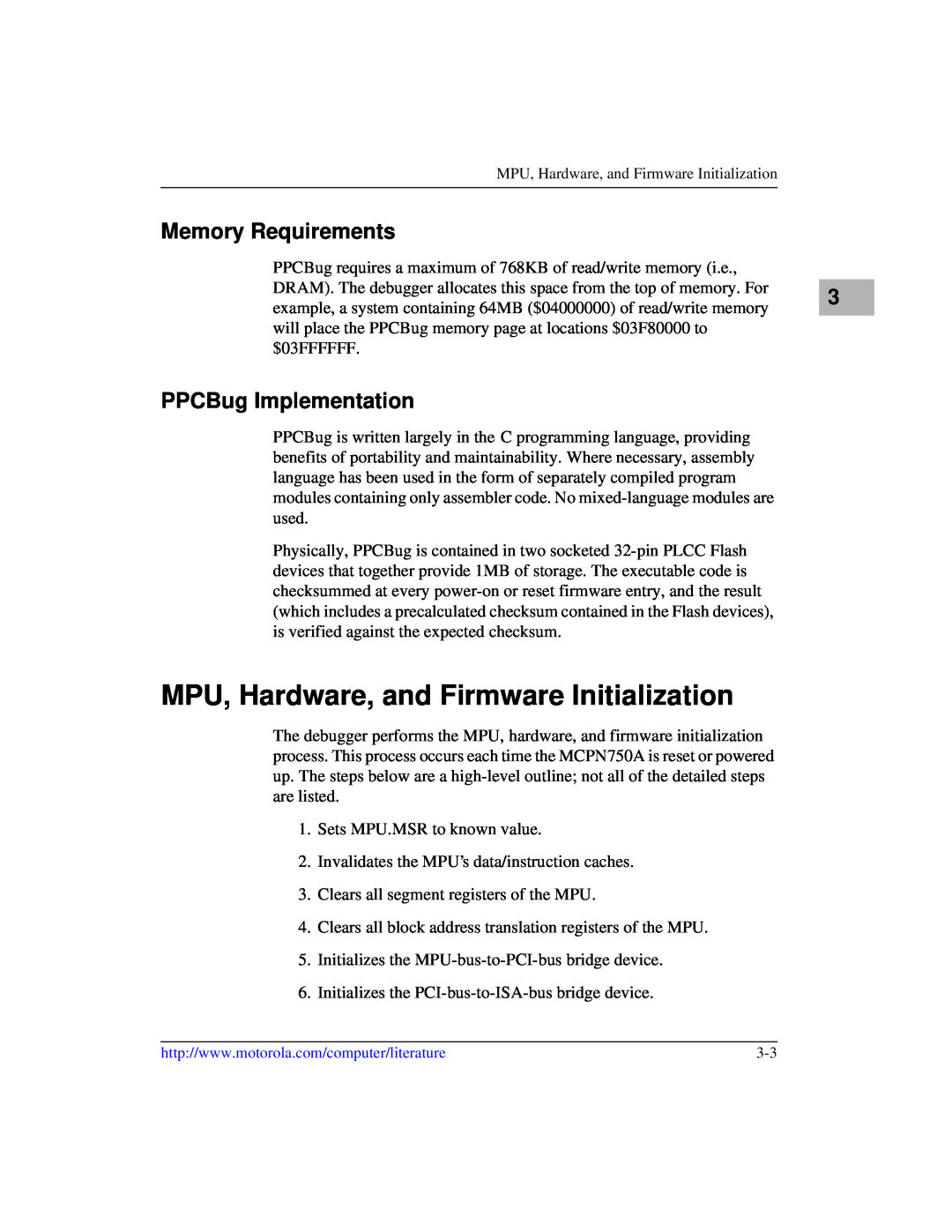 Motorola IH5, MCPN750A manual MPU, Hardware, and Firmware Initialization, Memory Requirements, PPCBug Implementation 
