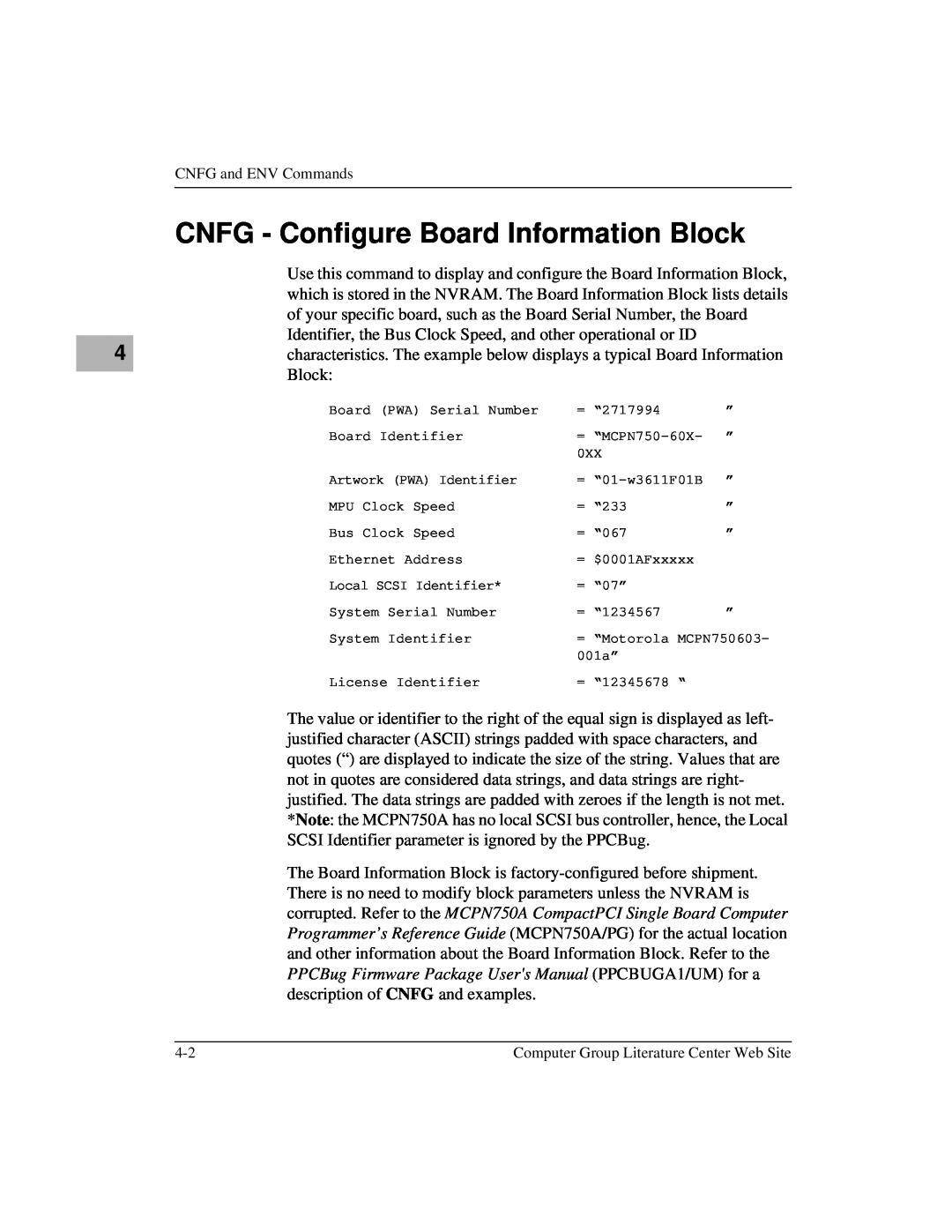 Motorola MCPN750A, IH5 manual CNFG - Configure Board Information Block 