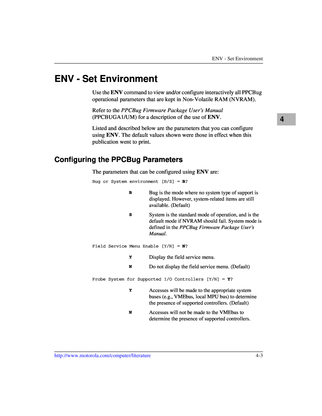 Motorola IH5, MCPN750A manual ENV - Set Environment, Configuring the PPCBug Parameters 