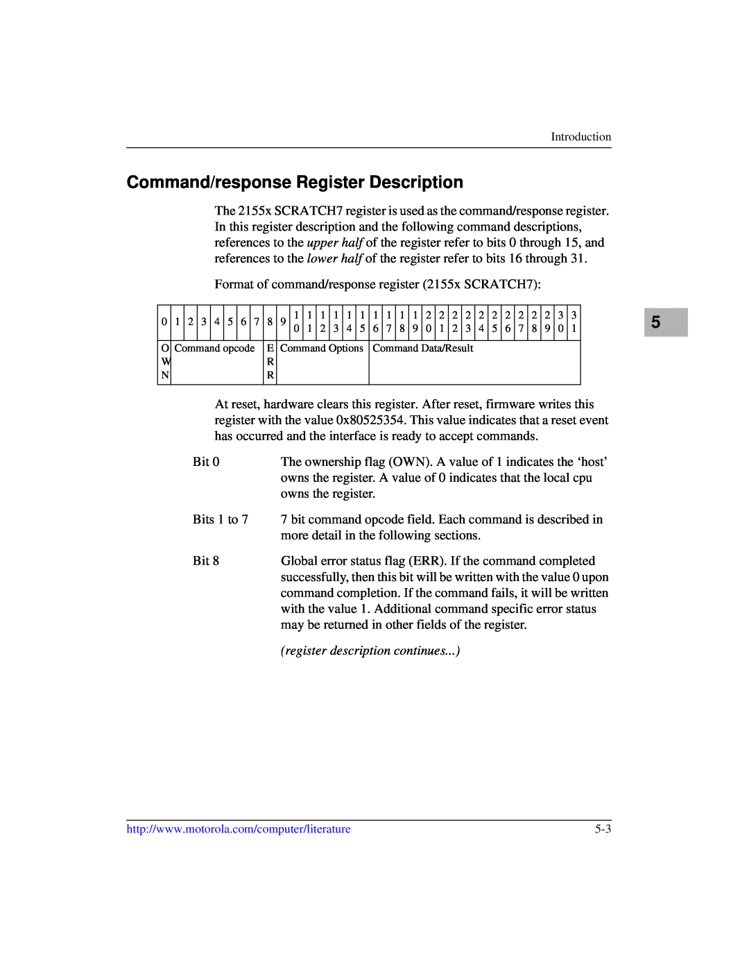 Motorola IH5, MCPN750A manual Command/response Register Description, register description continues 