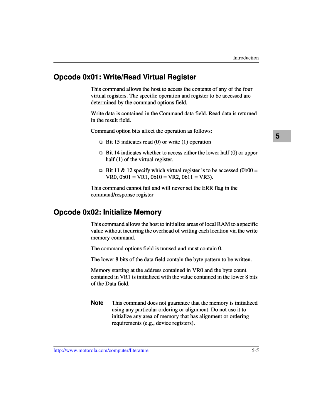 Motorola IH5, MCPN750A manual Opcode 0x01 Write/Read Virtual Register, Opcode 0x02 Initialize Memory 