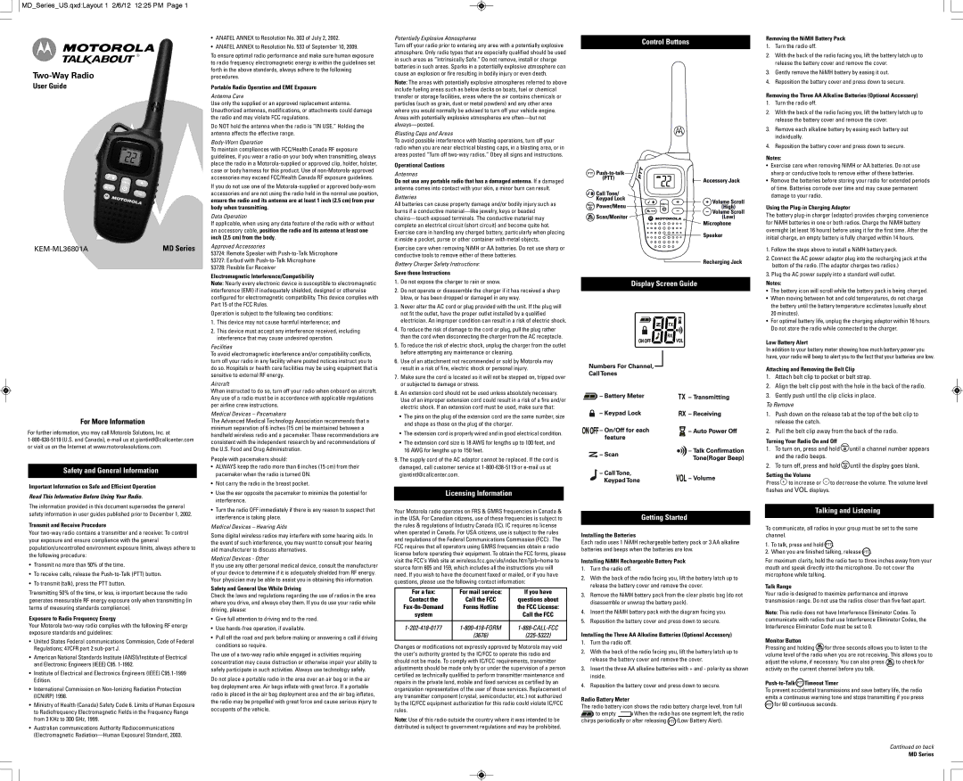 Motorola MD200R, MD200TPR manual Safety and General Information, Control Buttons, Licensing Information, Getting Started 