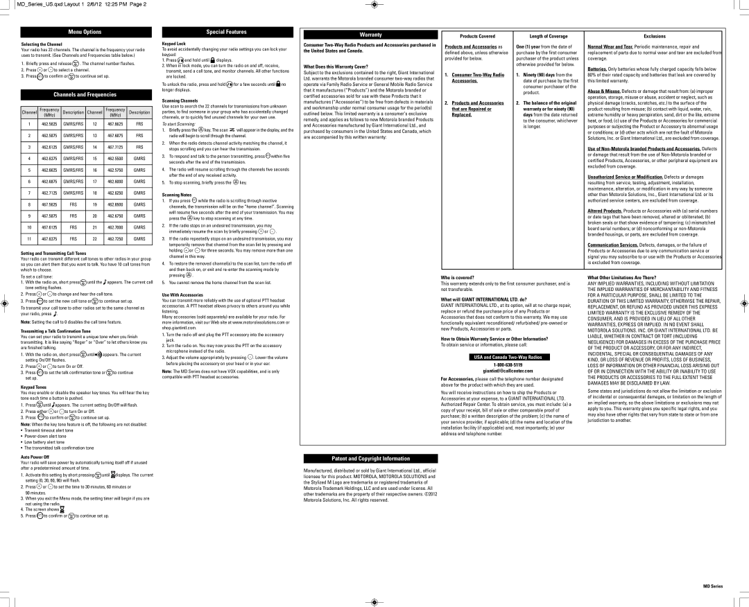 Motorola KEM-ML36801A, MD200TPR, MD200R Menu Options, Warranty, Channels and Frequencies, Patent and Copyright Information 