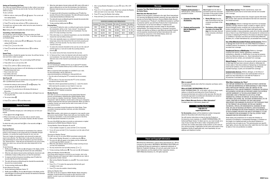 Motorola MD207R manual Warranty, Special Features, Patent and Copyright Information 