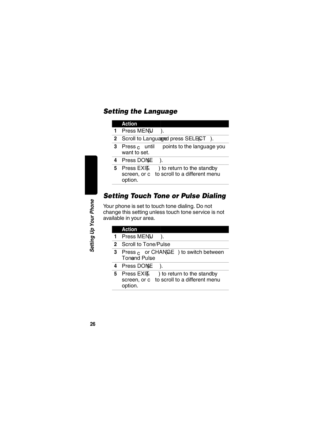 Motorola MD40 manual Setting the Language, Setting Touch Tone or Pulse Dialing 