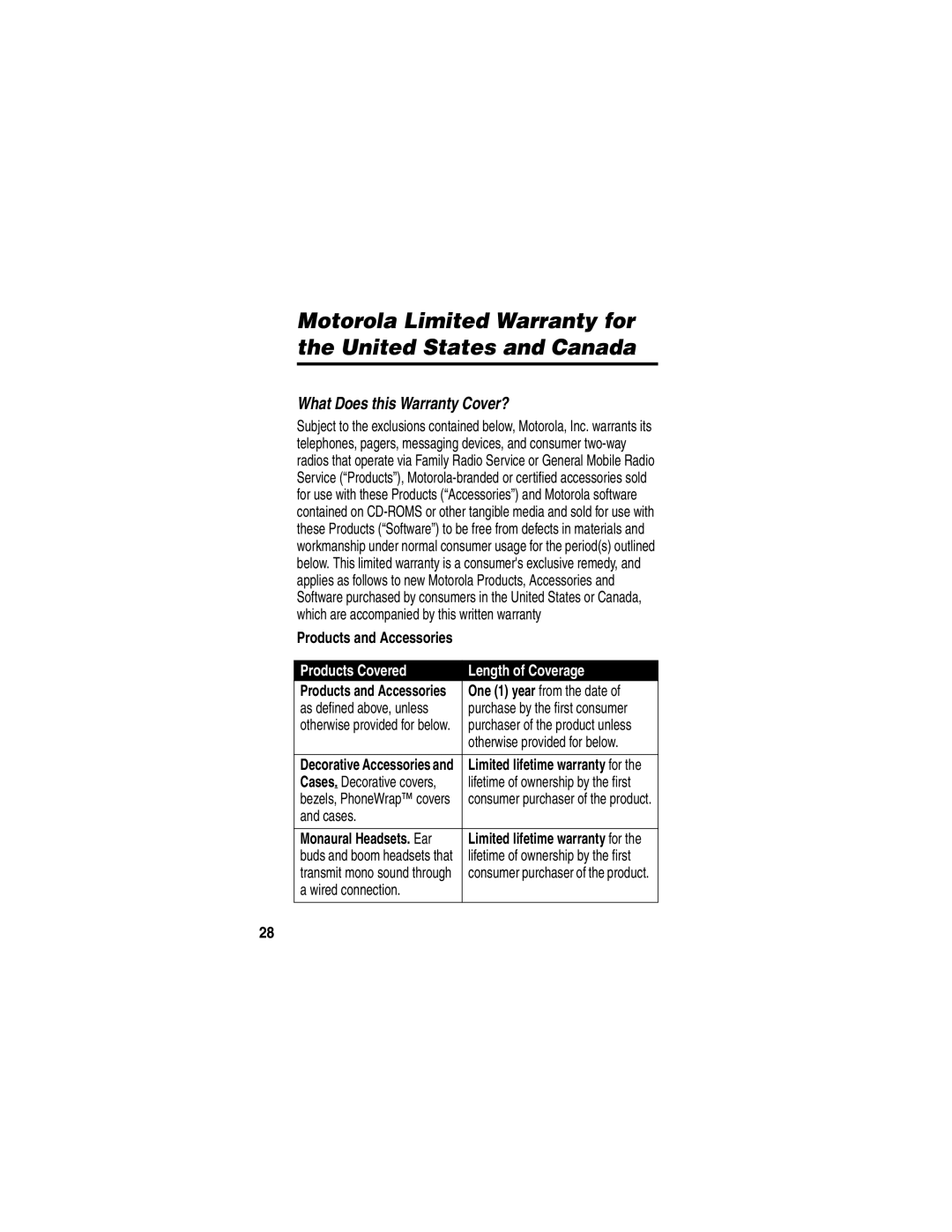 Motorola MD40 manual What Does this Warranty Cover?, Products and Accessories 