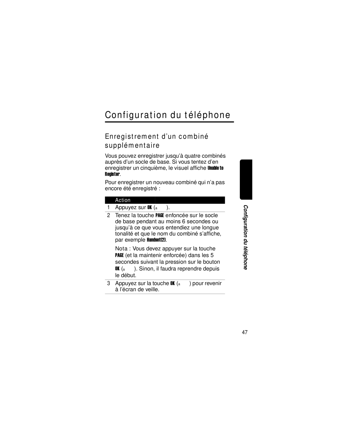 Motorola MD40 manual Configuration du téléphone, Enregistrement d’un combiné supplémentaire 