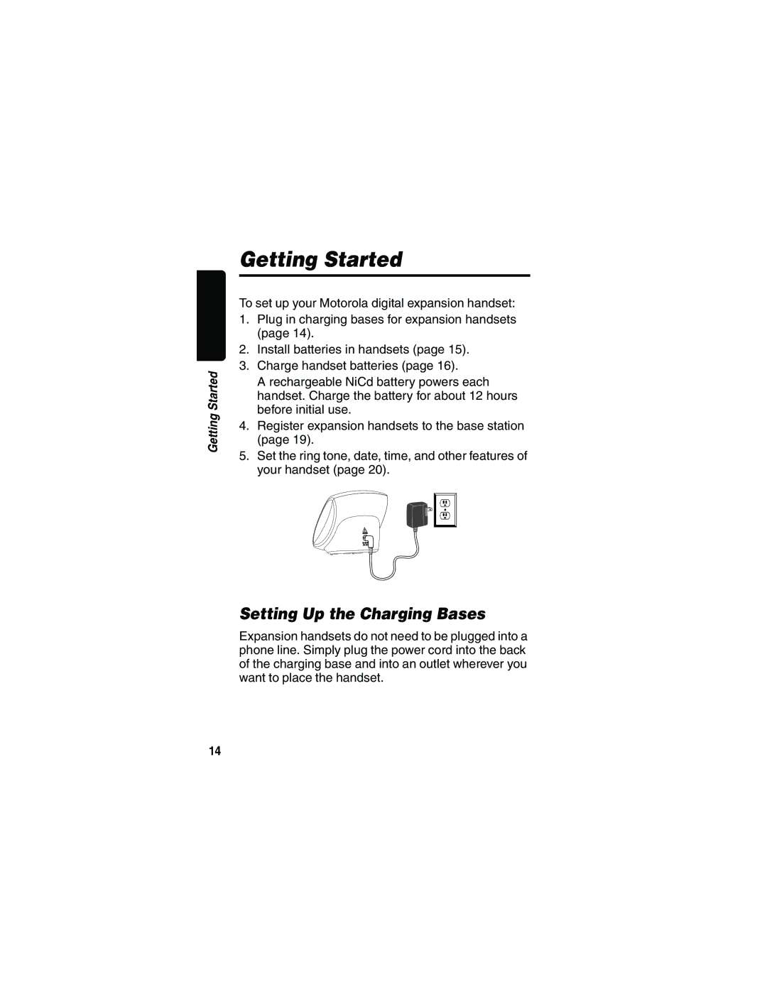 Motorola MD41 manual Getting Started, Setting Up the Charging Bases 