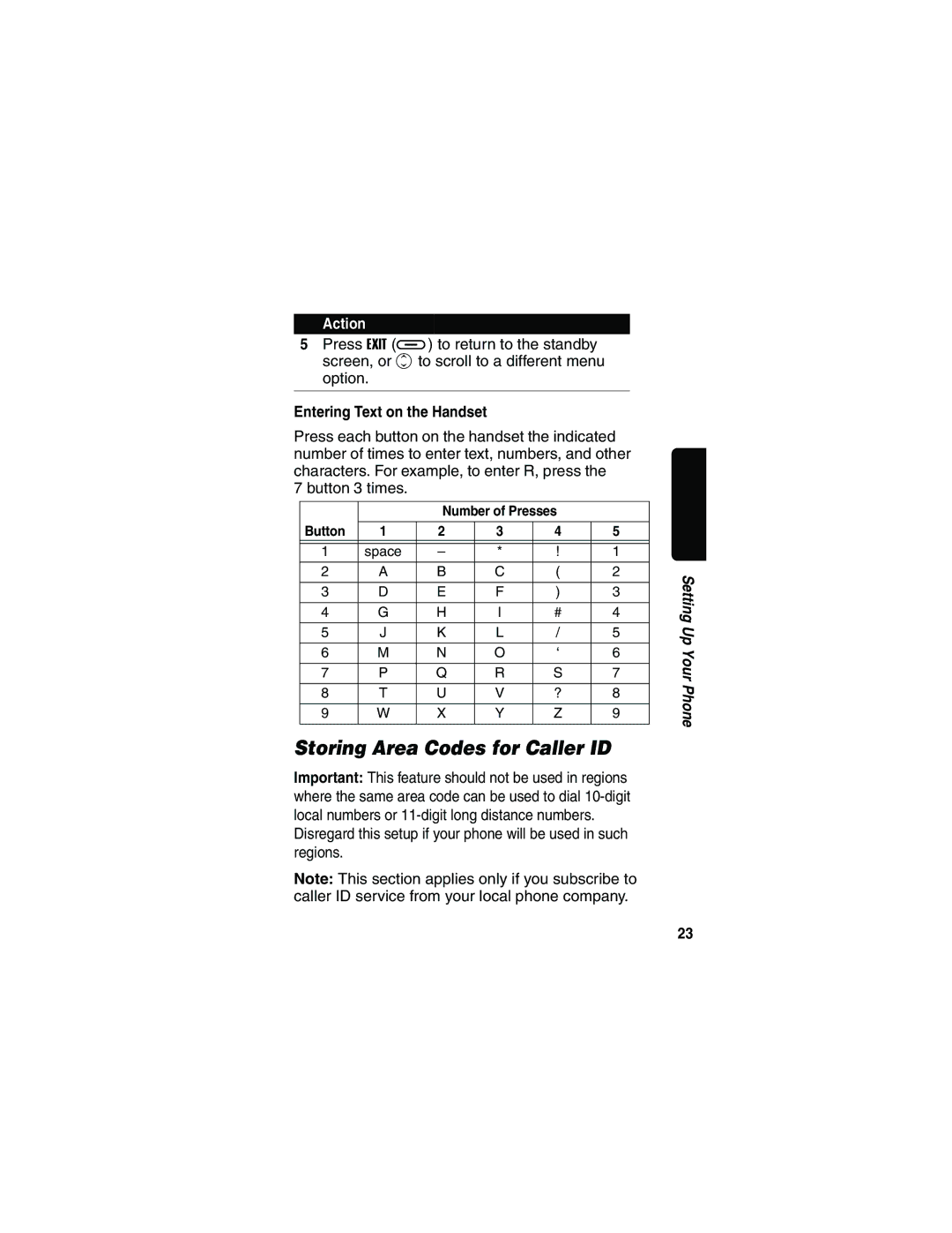 Motorola MD41 manual Storing Area Codes for Caller ID, Entering Text on the Handset 