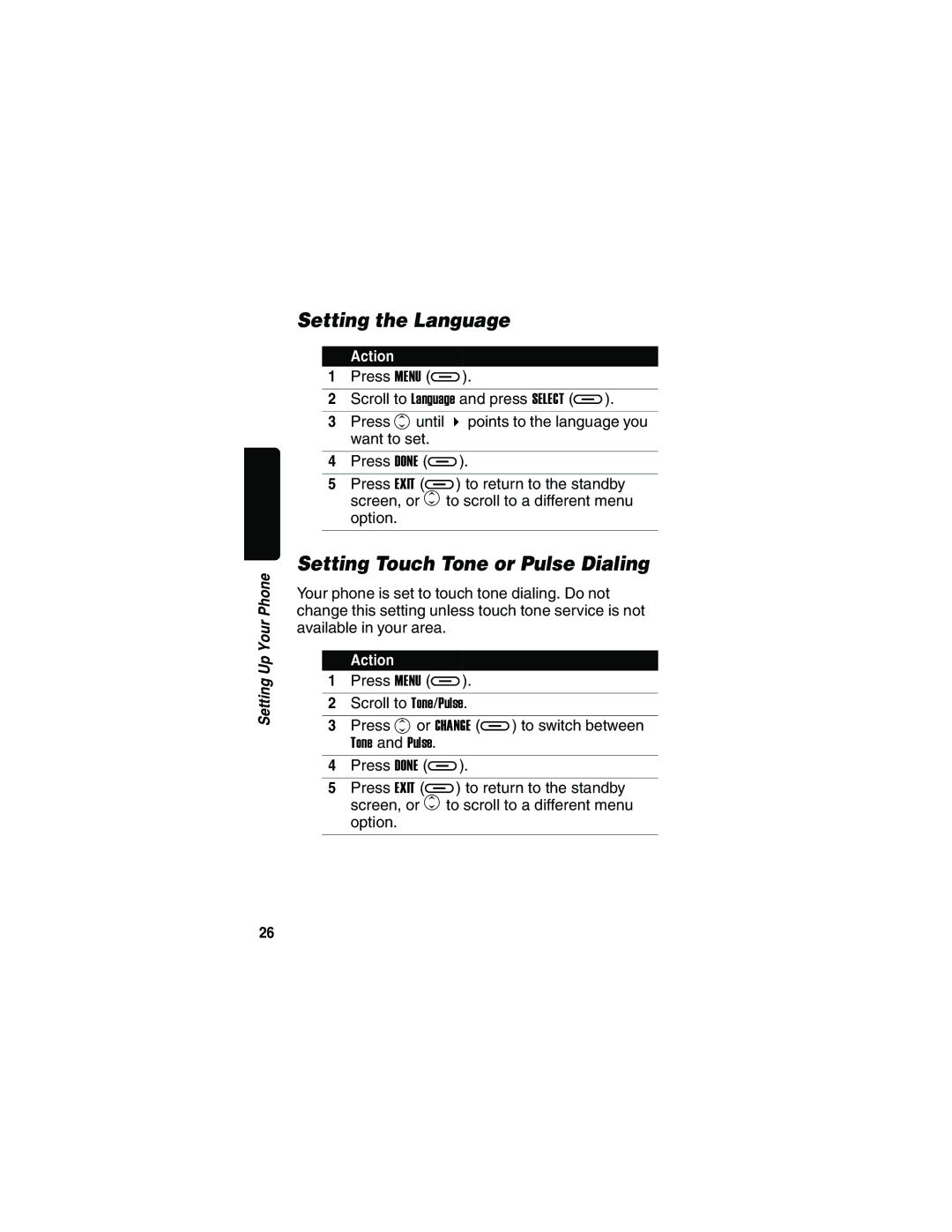 Motorola MD41 manual Setting the Language, Setting Touch Tone or Pulse Dialing 