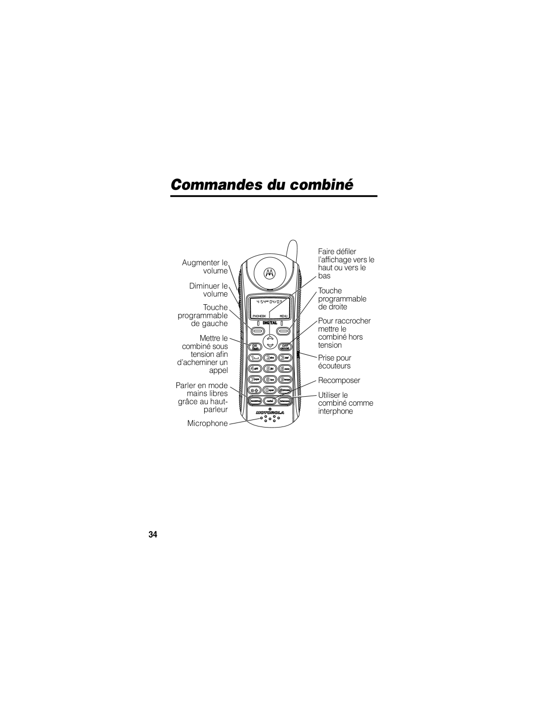 Motorola MD41 manual Commandes du combiné 