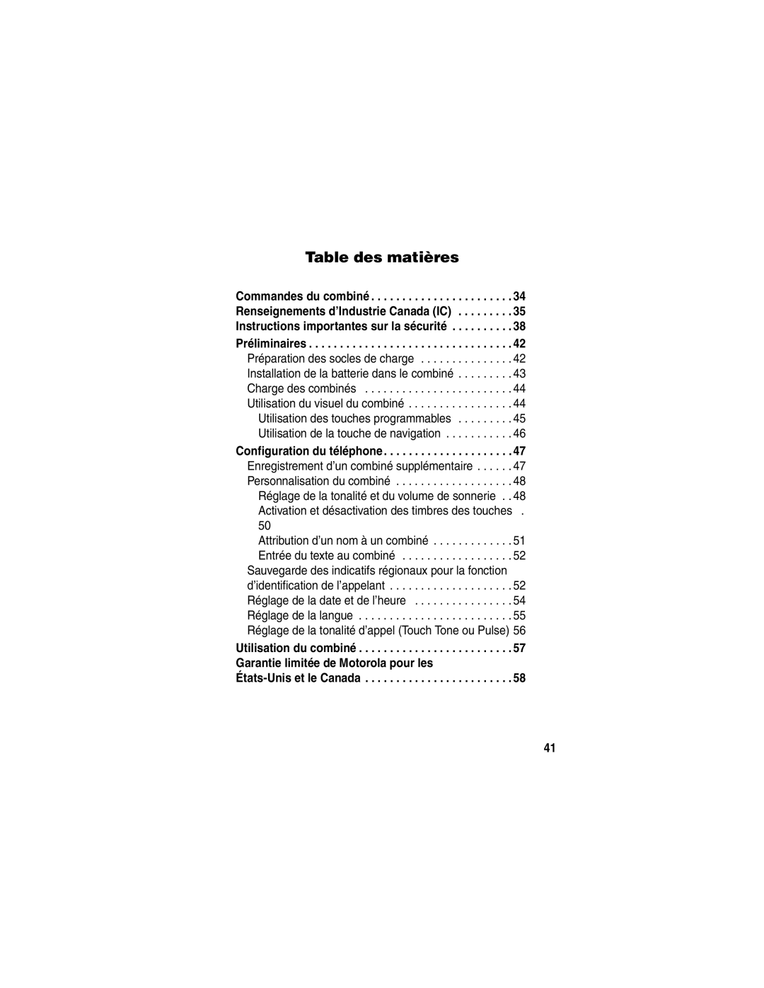 Motorola MD41 manual Table des matières 