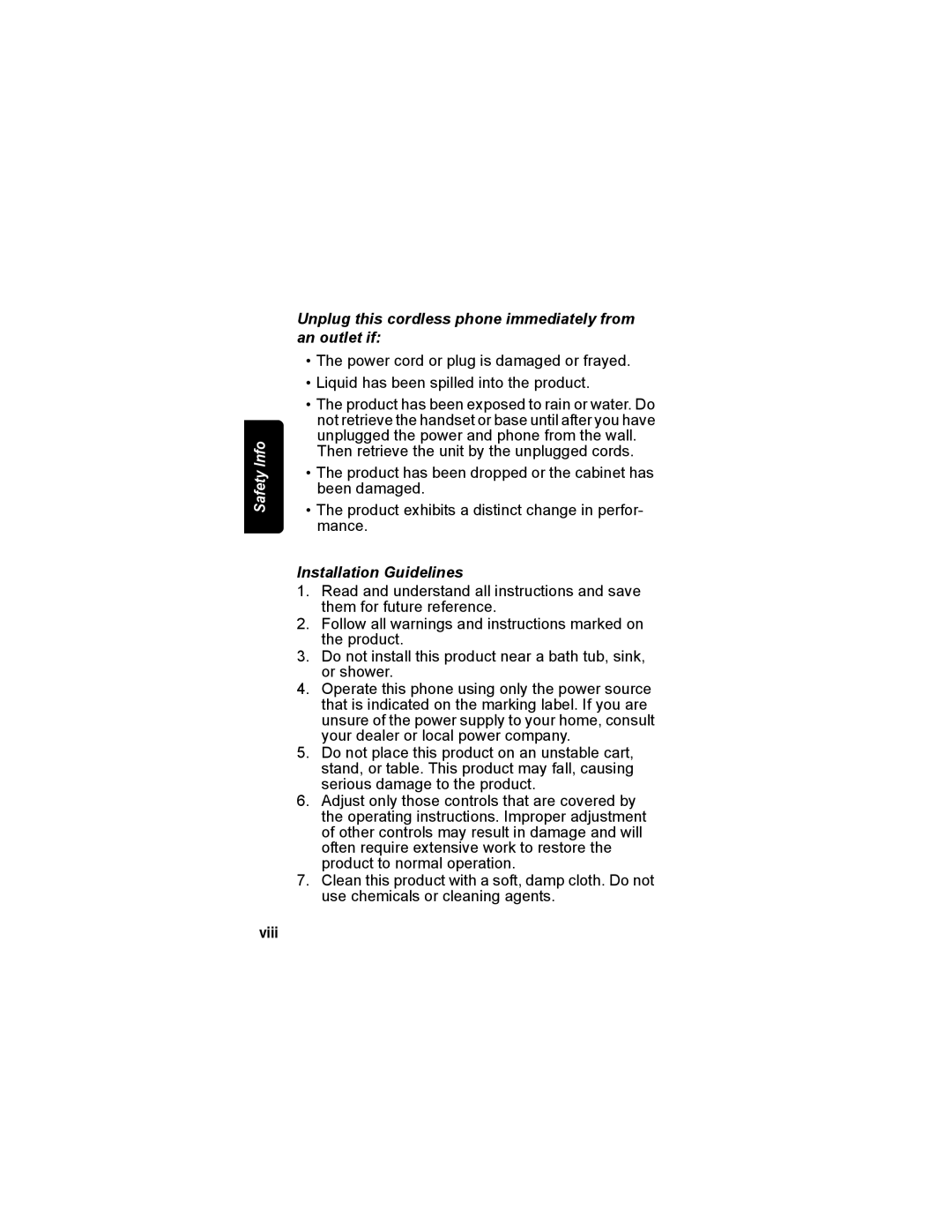 Motorola MD4150 manual Viii, Unplug this cordless phone immediately from an outlet if, Installation Guidelines 