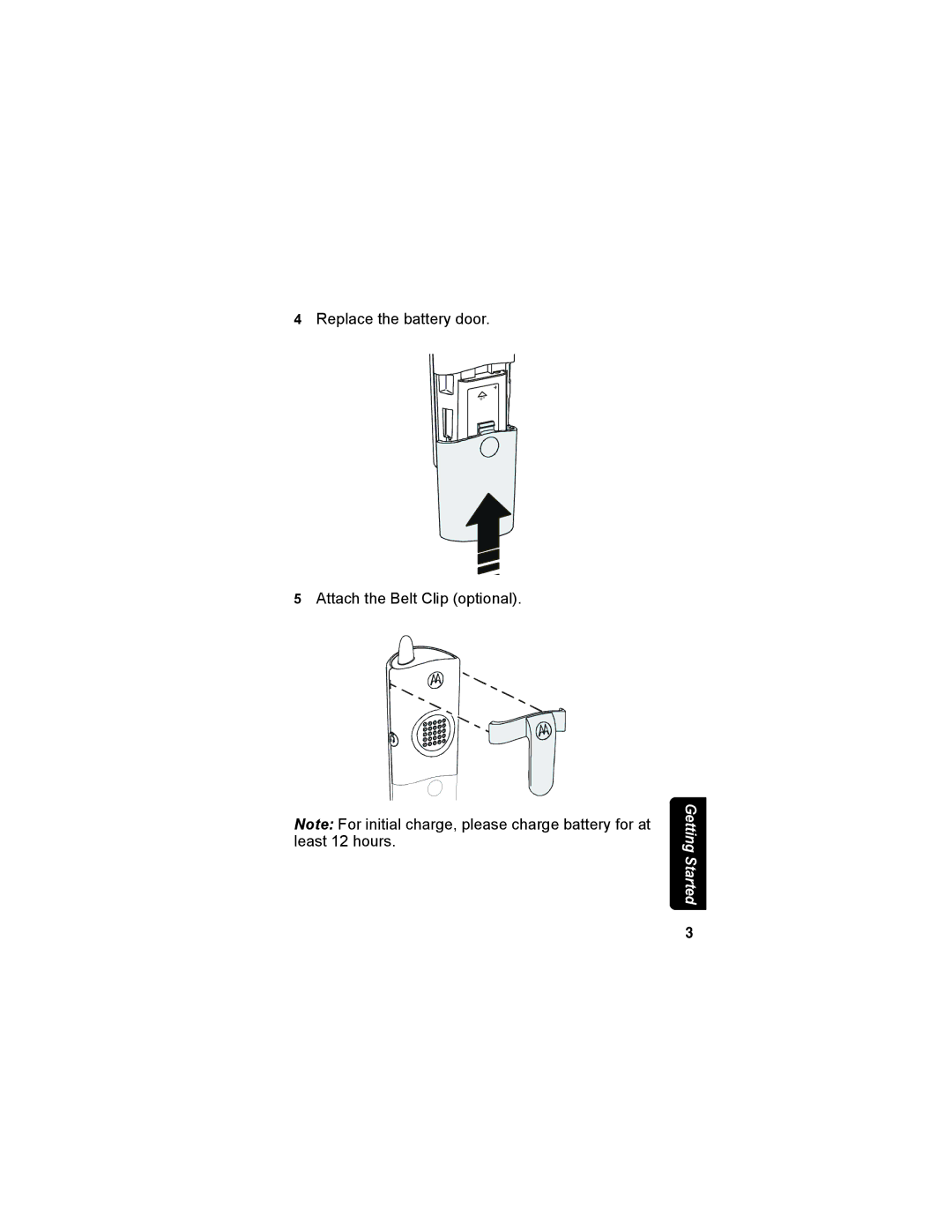 Motorola MD4150 manual Replace the battery door Attach the Belt Clip optional 