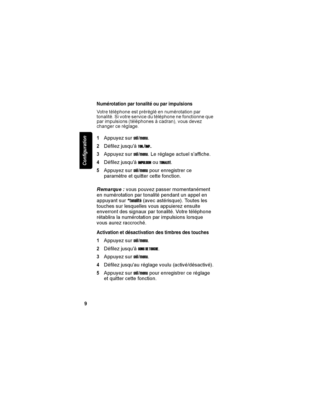 Motorola MD4150 manual Numérotation par tonalité ou par impulsions, Activation et désactivation des timbres des touches 